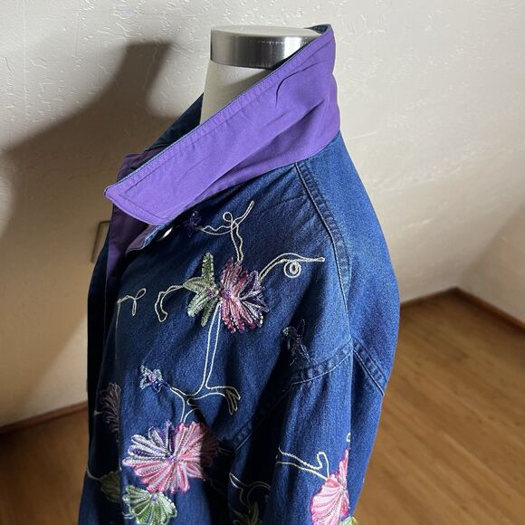 Vintage Denim Shirt Jacket Womens Medium Floral Beaded Embroidery - Picture 8 of 9